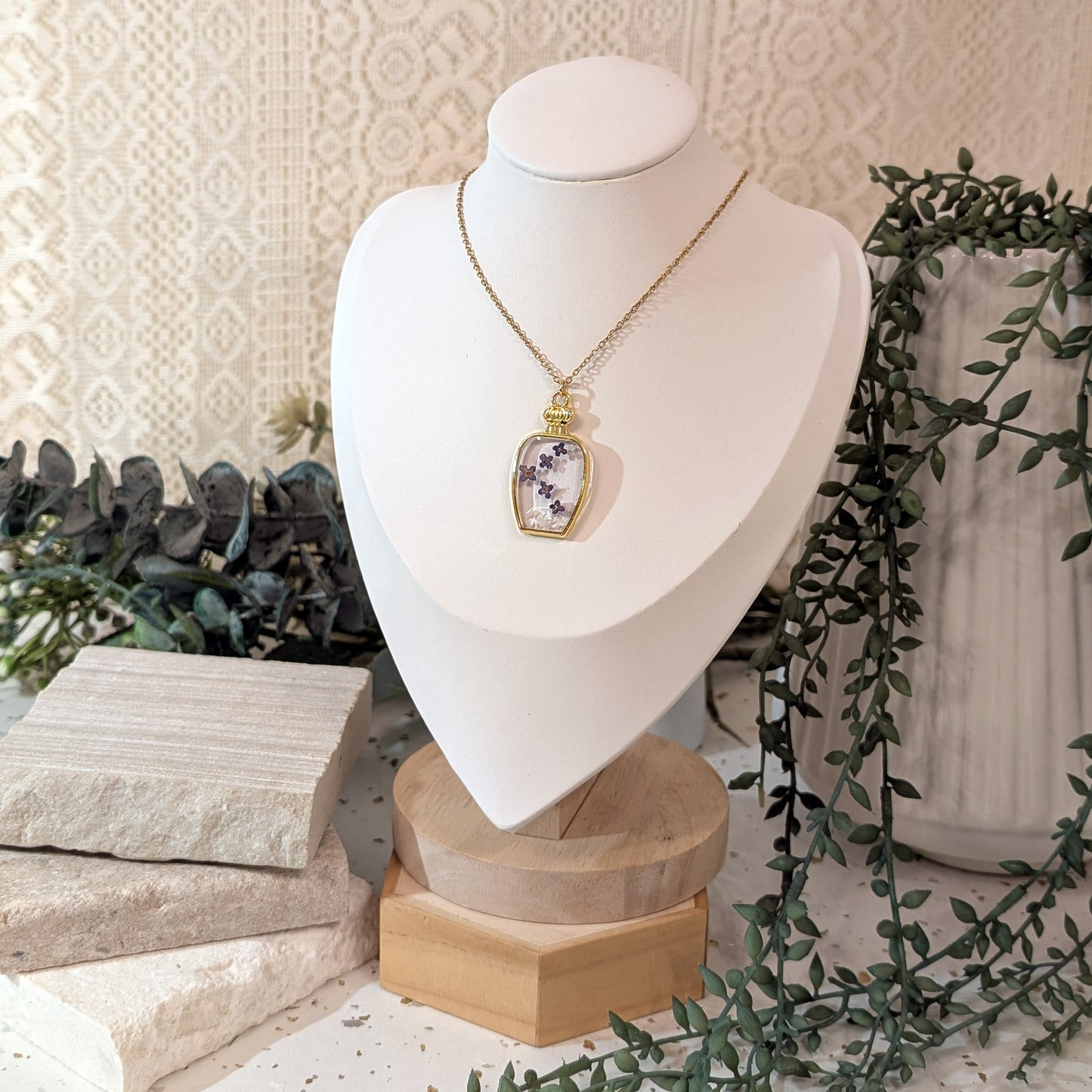 Gold Plated Perfume Bottle-Shaped Butterfly Bush Necklace – A Symbol of Rebirth & New Beginnings