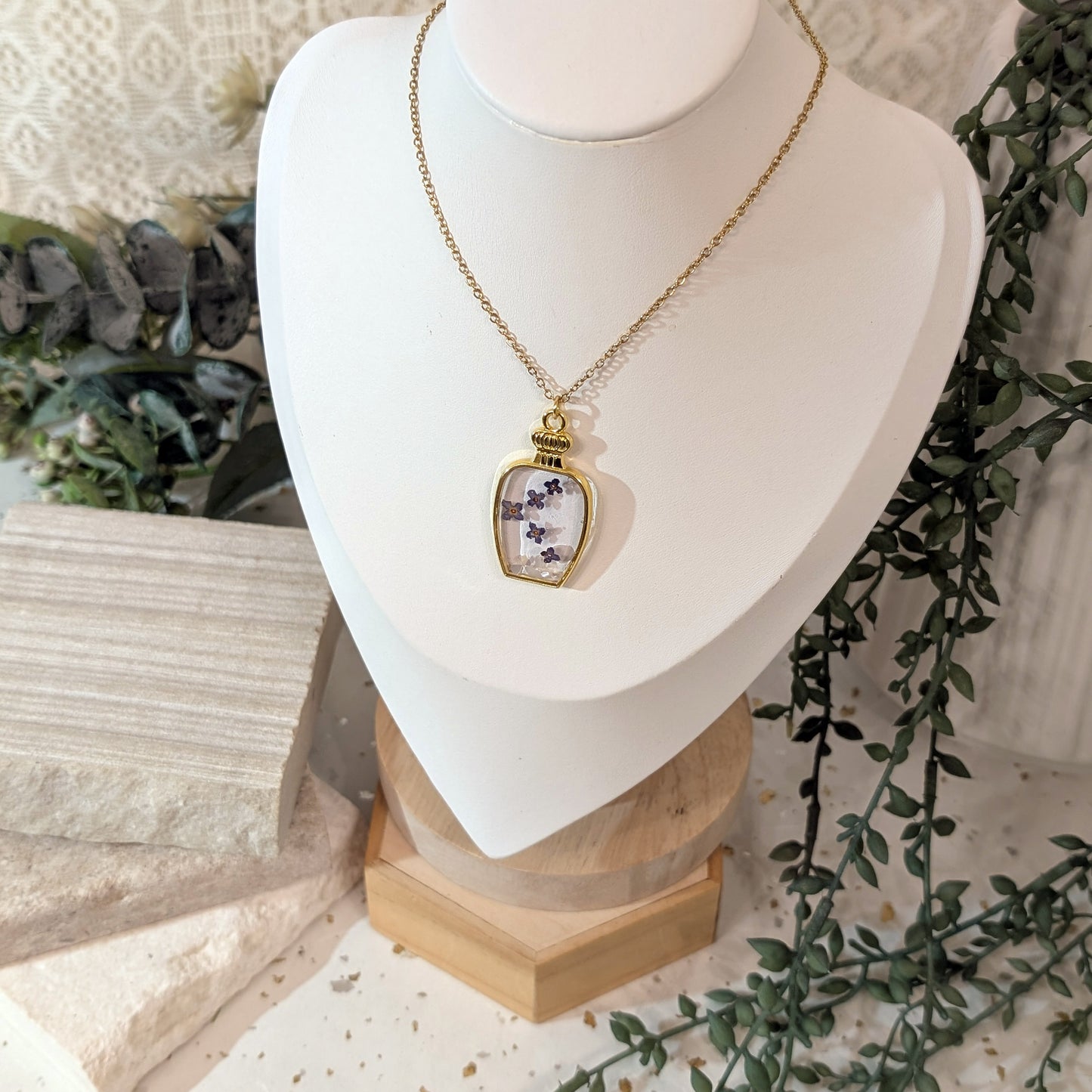 Gold Plated Perfume Bottle-Shaped Butterfly Bush Necklace – A Symbol of Rebirth & New Beginnings