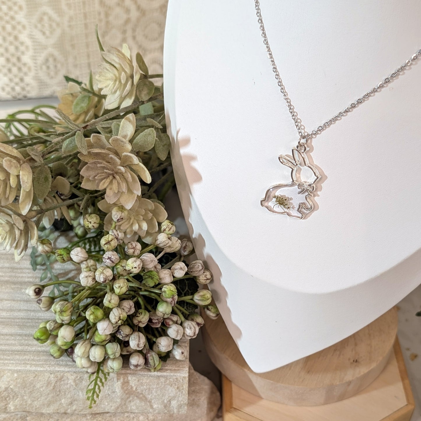 Queen Anne's Lace in Rabbit Frame Stainless Steel Necklace – Symbol of Sanctuary and Safety