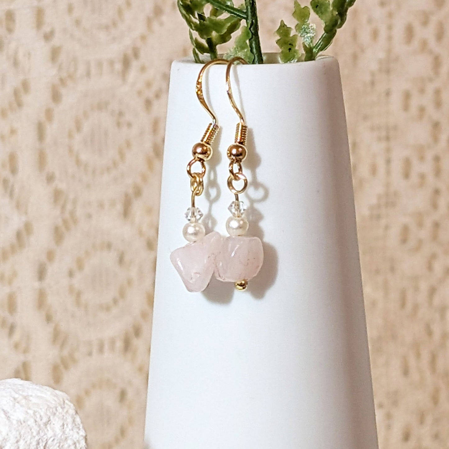 Rose Quartz & Imitation Pearl Earrings | Elegant Gemstone Earrings for Love & Serenity