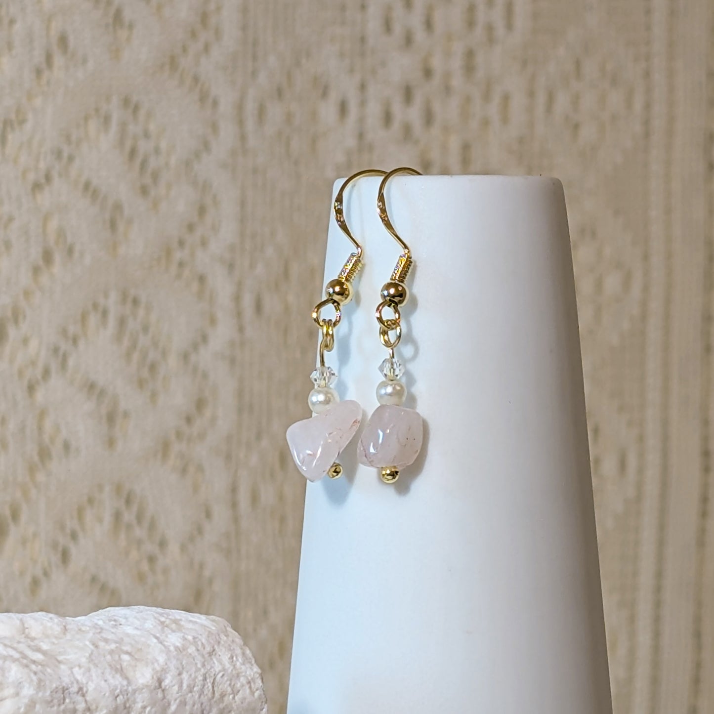 Rose Quartz & Imitation Pearl Earrings | Elegant Gemstone Earrings for Love & Serenity