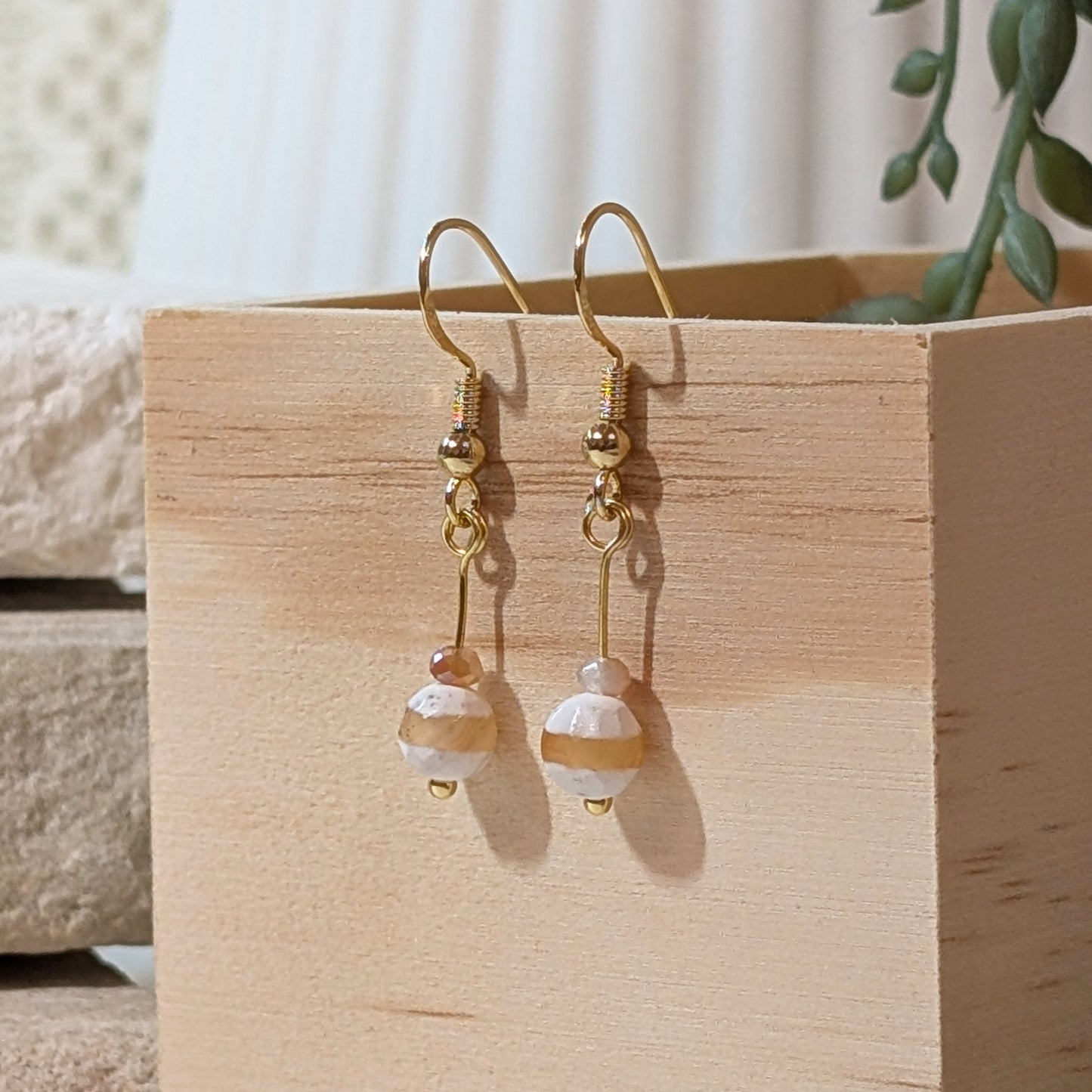 One Line Agate Drop Earrings | Handmade Crystal Earrings with Japanese Gemstones