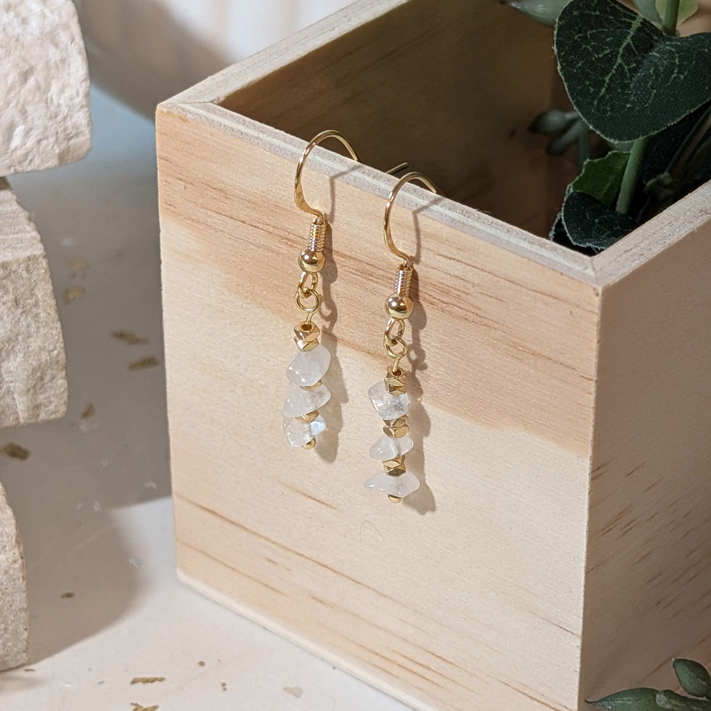 Clear Quartz and Shattered Gold Ornament Drop Earrings | Handmade Gemstone Earrings for Clarity & Style