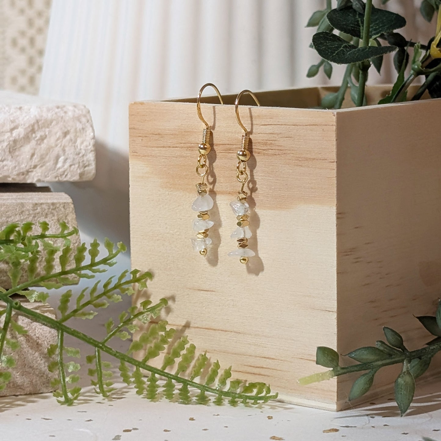 Clear Quartz and Shattered Gold Ornament Drop Earrings | Handmade Gemstone Earrings for Clarity & Style