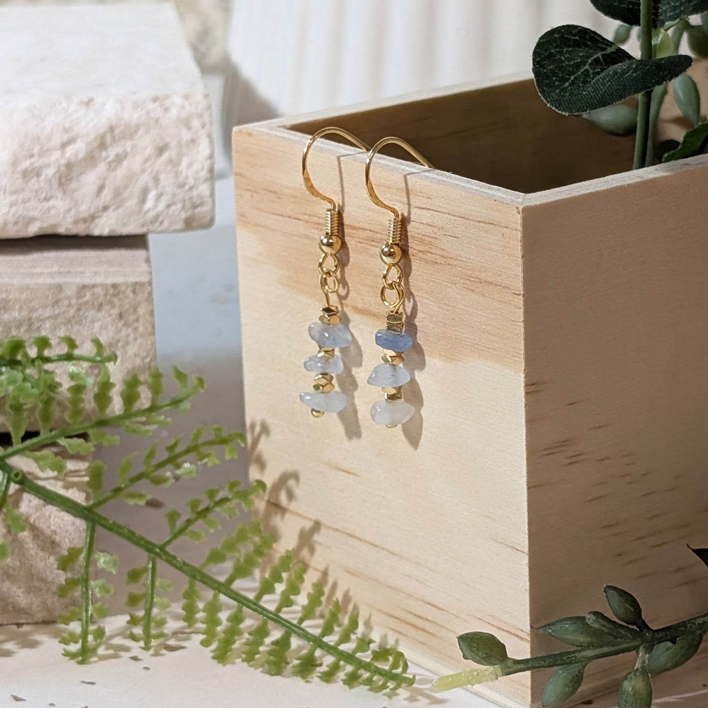 Irregular Aquamarine Drop Earrings with Gold Detailing | Handmade Crystal Earrings