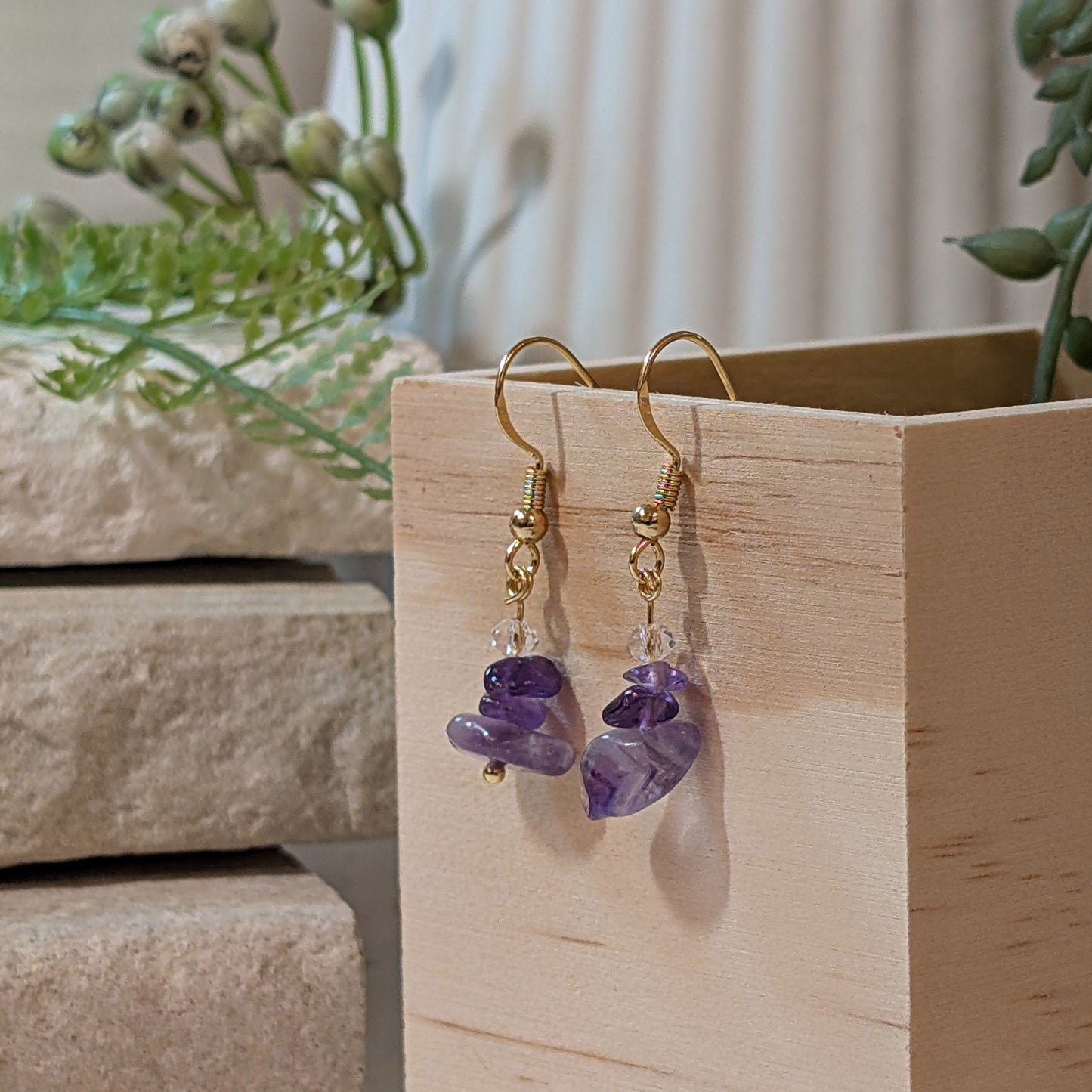 Stacked Amethyst Drop Earrings | Handmade Crystal Earrings for Spiritual Balance