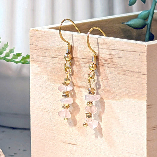 Rose Quartz & Irregular Gold Ornament Earrings | Elegant Gemstone Earrings for Love & Sophistication