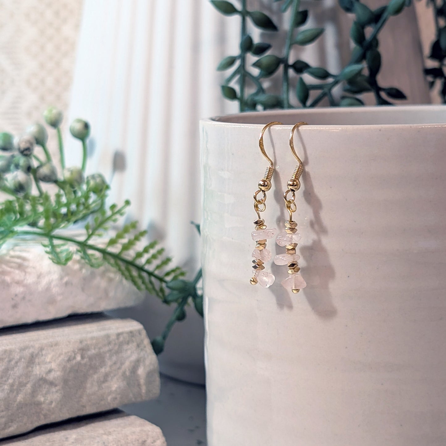 Rose Quartz & Irregular Gold Ornament Earrings | Elegant Gemstone Earrings for Love & Sophistication