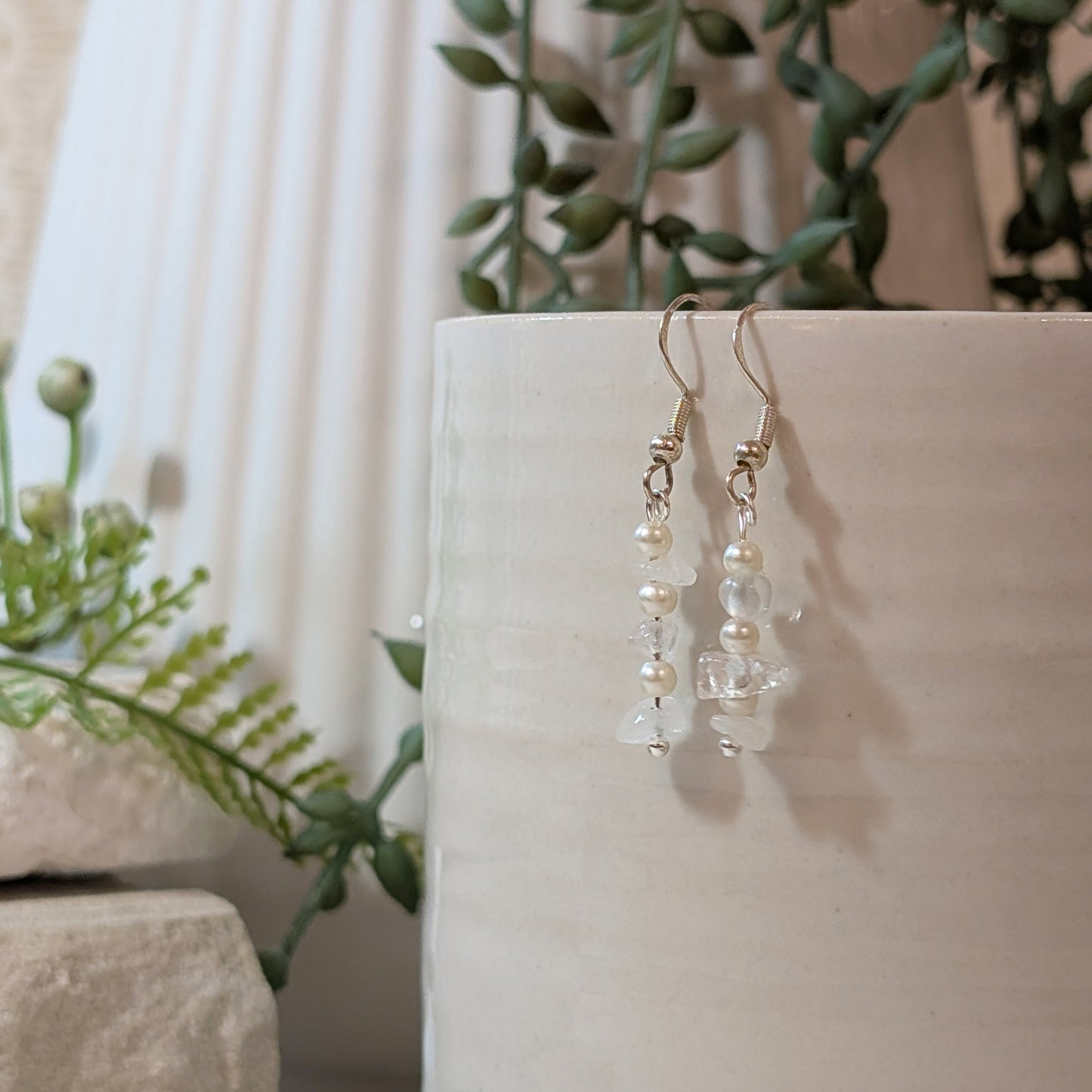 Clear Quartz and Imitation Pearl Earrings | Feminine Handmade Gemstone Earrings