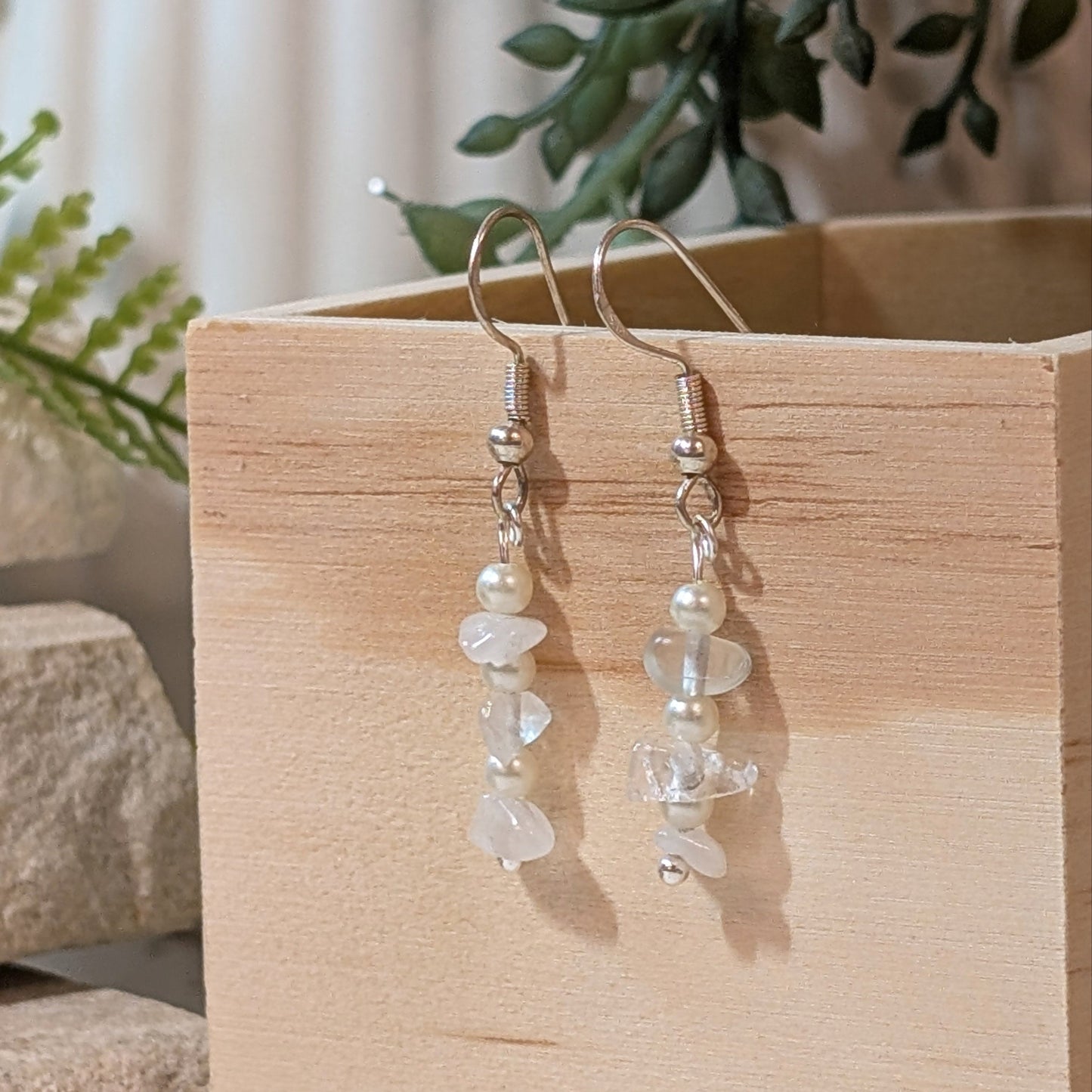 Clear Quartz and Imitation Pearl Earrings | Feminine Handmade Gemstone Earrings