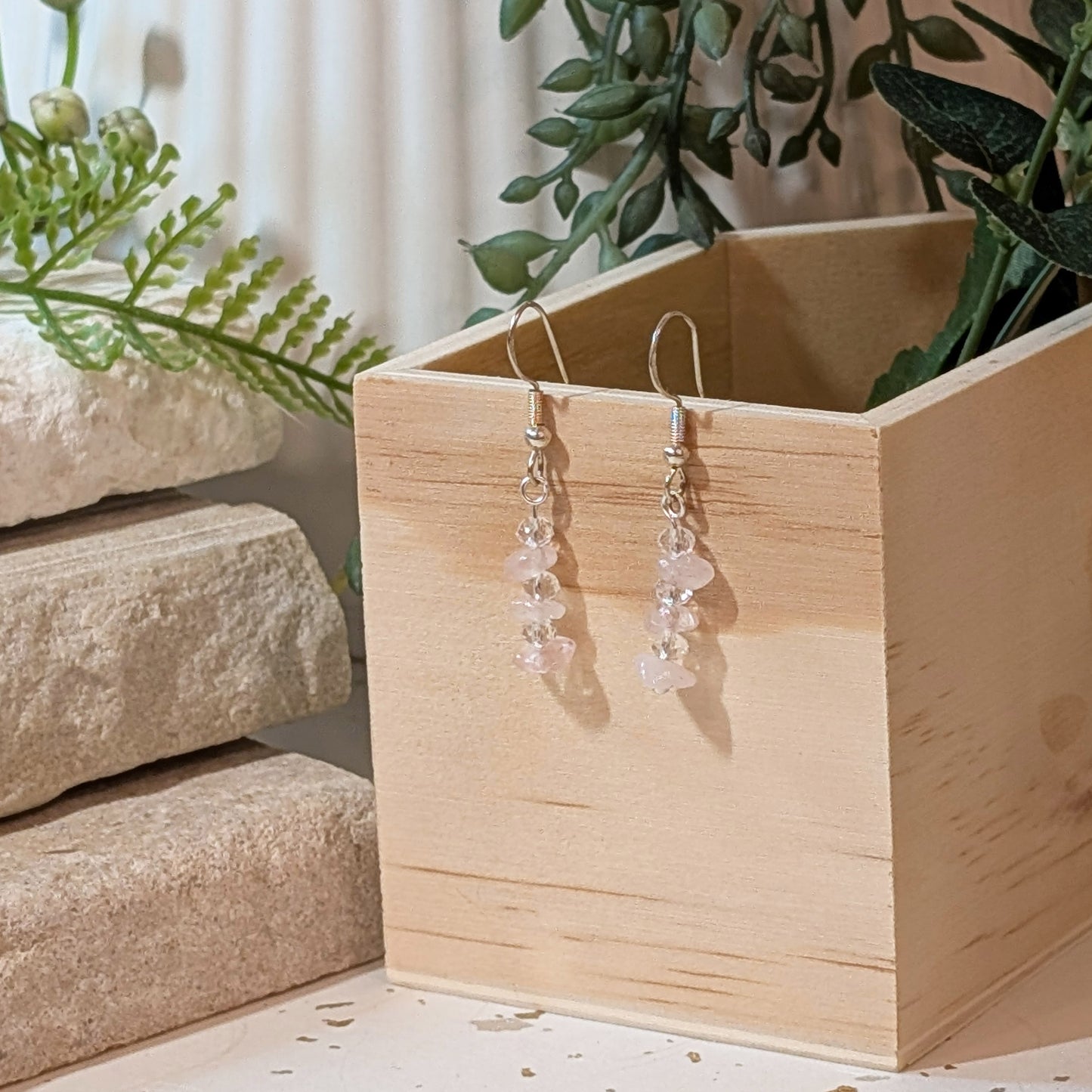 Pure Rose Quartz & Clear Crystal Glass Earrings | Elegant Gemstone Earrings for Love & Clarity