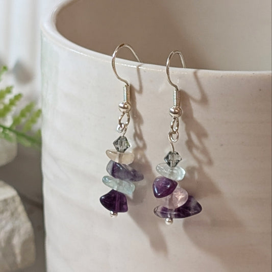 Fluorite & Grey Crystal Earrings | Handmade Gemstone Earrings for Focus & Calm