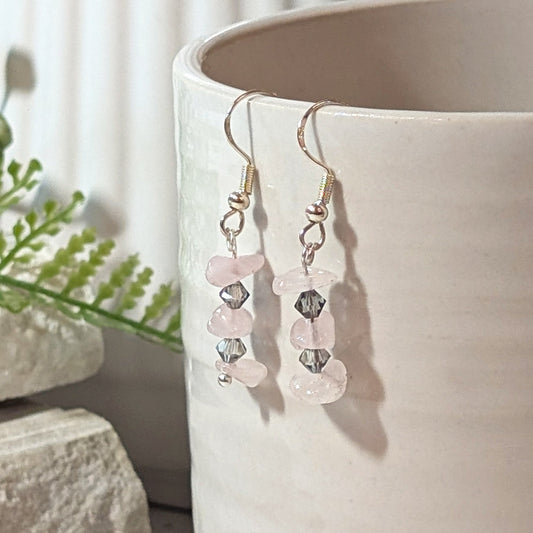 Rose Quartz & Grey Crystal Glass Earrings | Elegant Gemstone Earrings for Love & Sophistication