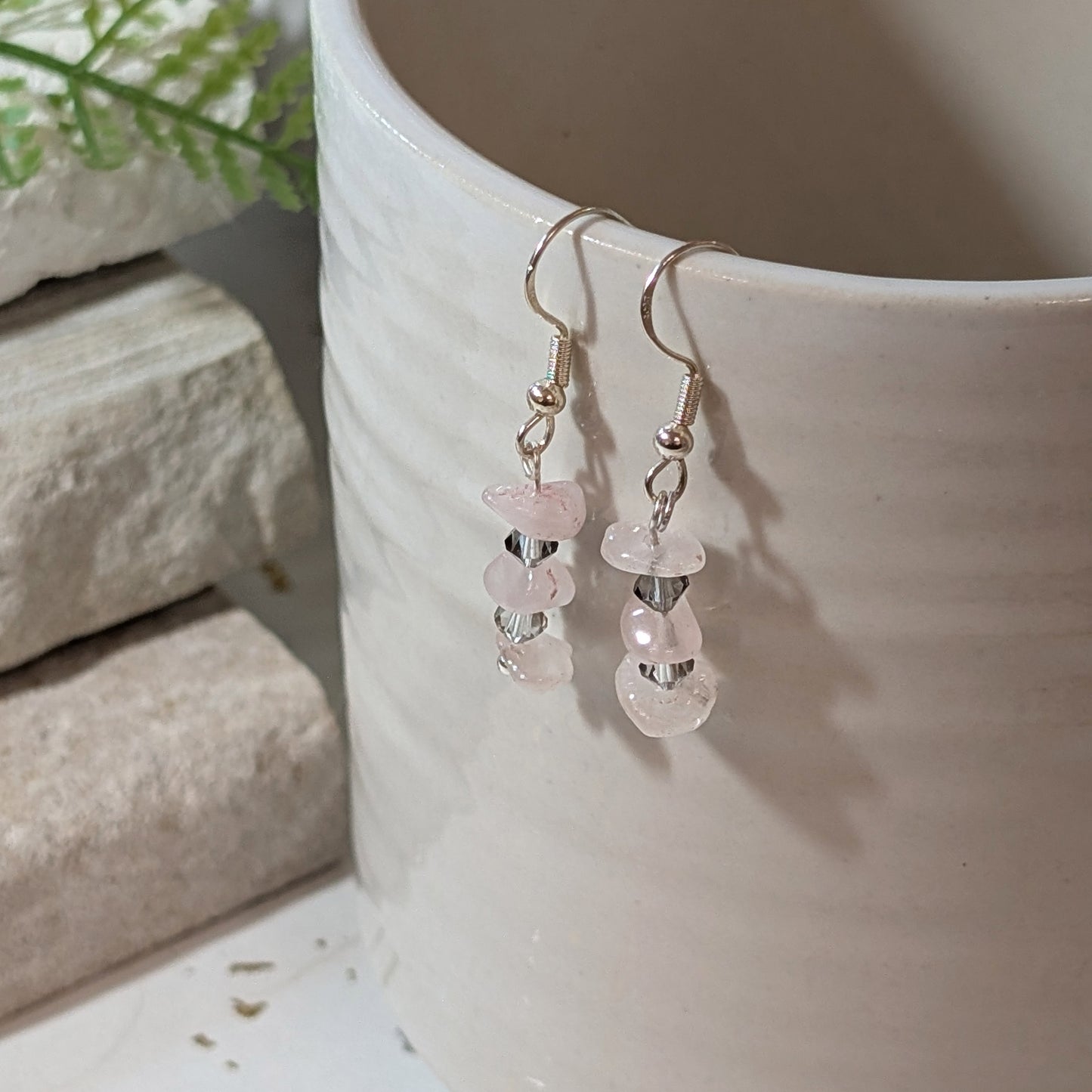 Rose Quartz & Grey Crystal Glass Earrings | Elegant Gemstone Earrings for Love & Sophistication