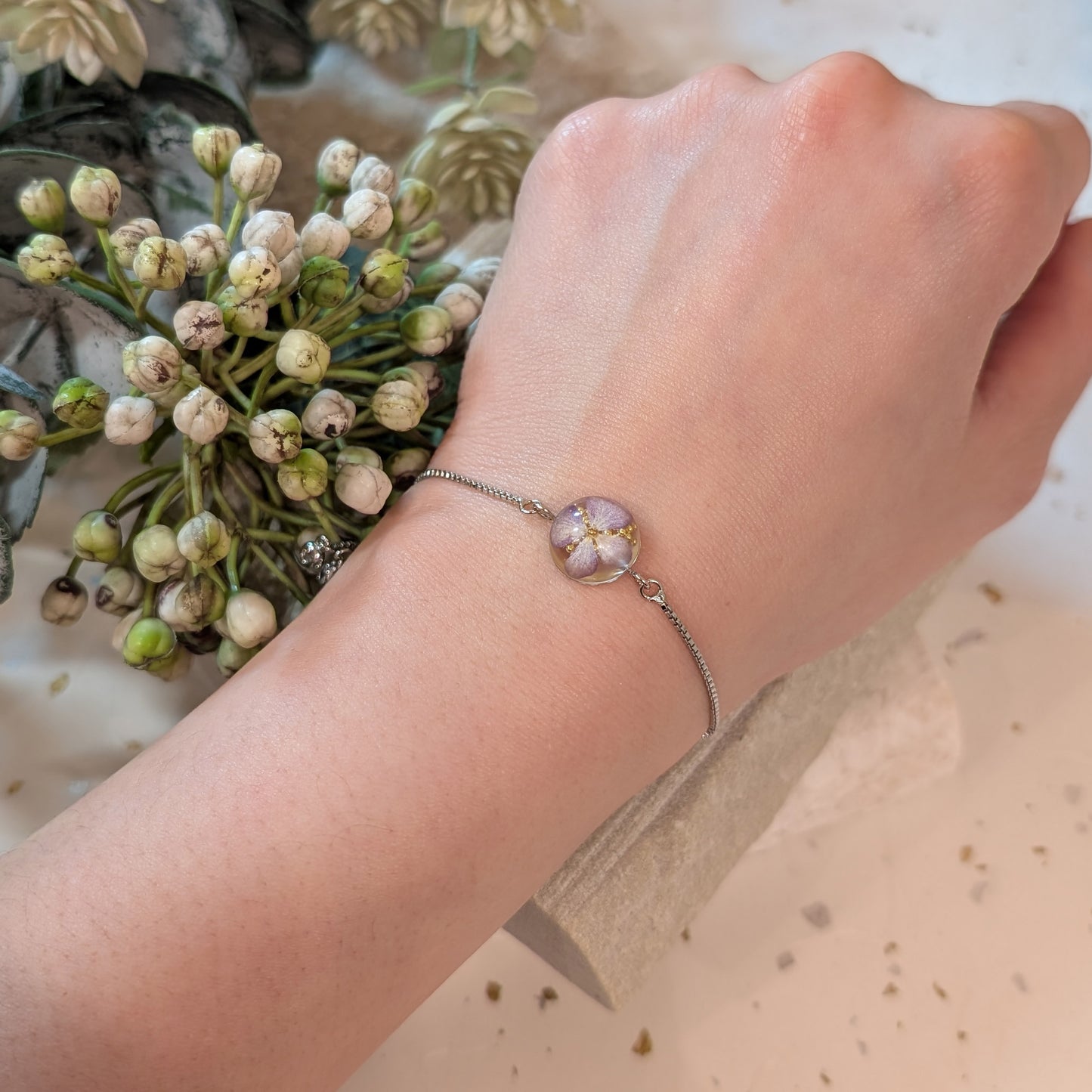 Delicate Small Hydrangea Half Sphere Bracelet | Platinum Plated Nature-Inspired Jewellery