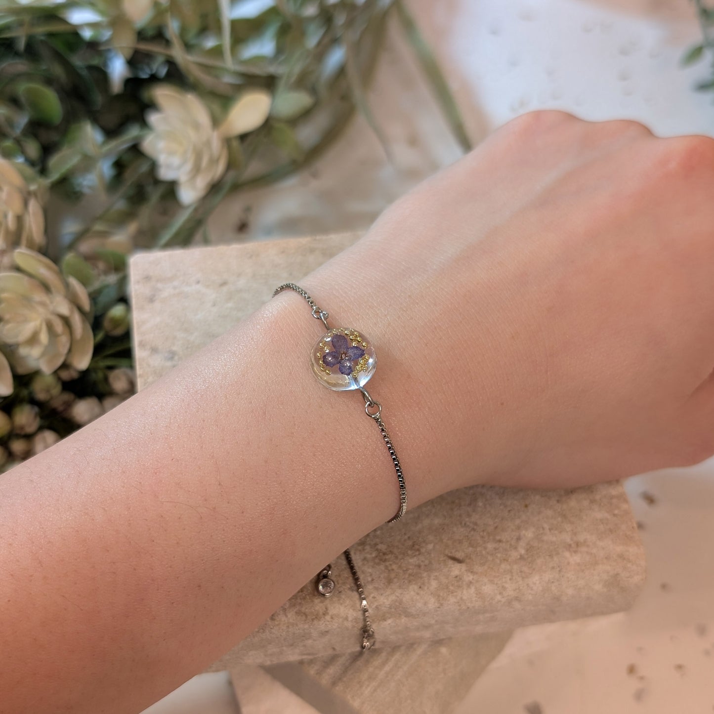 New Beginnings: Butterfly Bush Half Sphere Bracelet | Platinum Plated Nature Jewellery