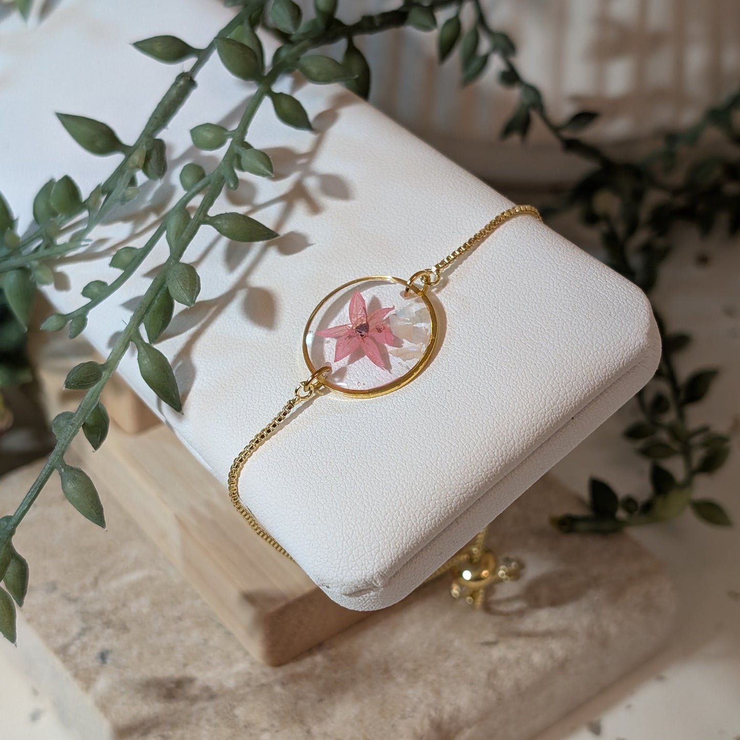 Pink Borage on seashell flakes Adjustable Bracelet Product shot