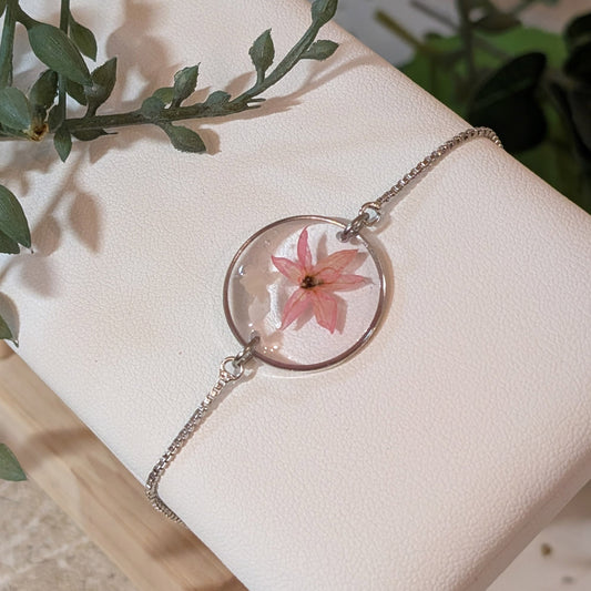 Pink Borage & Seashell Flakes Adjustable Bracelet - Platinum Plated Jewellery