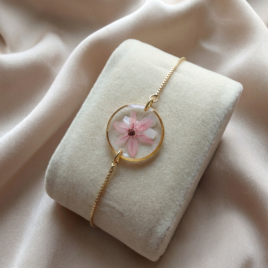 Pink chive blossom 20mm flat bracelet with seashell flakes on jewellery display stand, handmade real flower jewellery by Work by Nature
