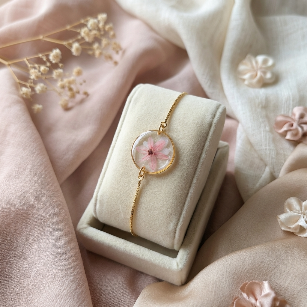 Gold plated pink chive blossom bracelet shown on a jewellery holder, crafted with real flowers, resin and seashell flakes