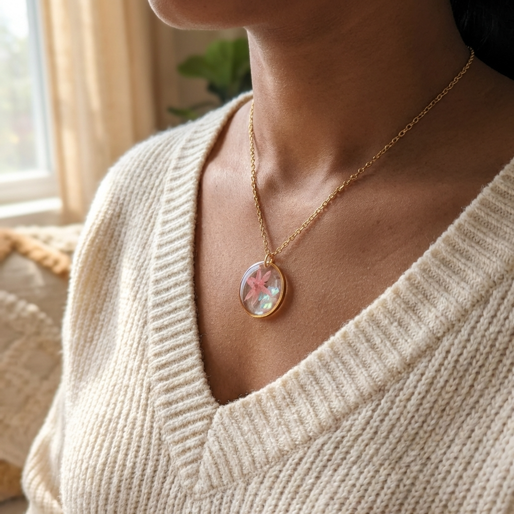 Dark skin tone model wearing a pink chive blossom necklace, showing a soft contrast with delicate gold plated jewellery
