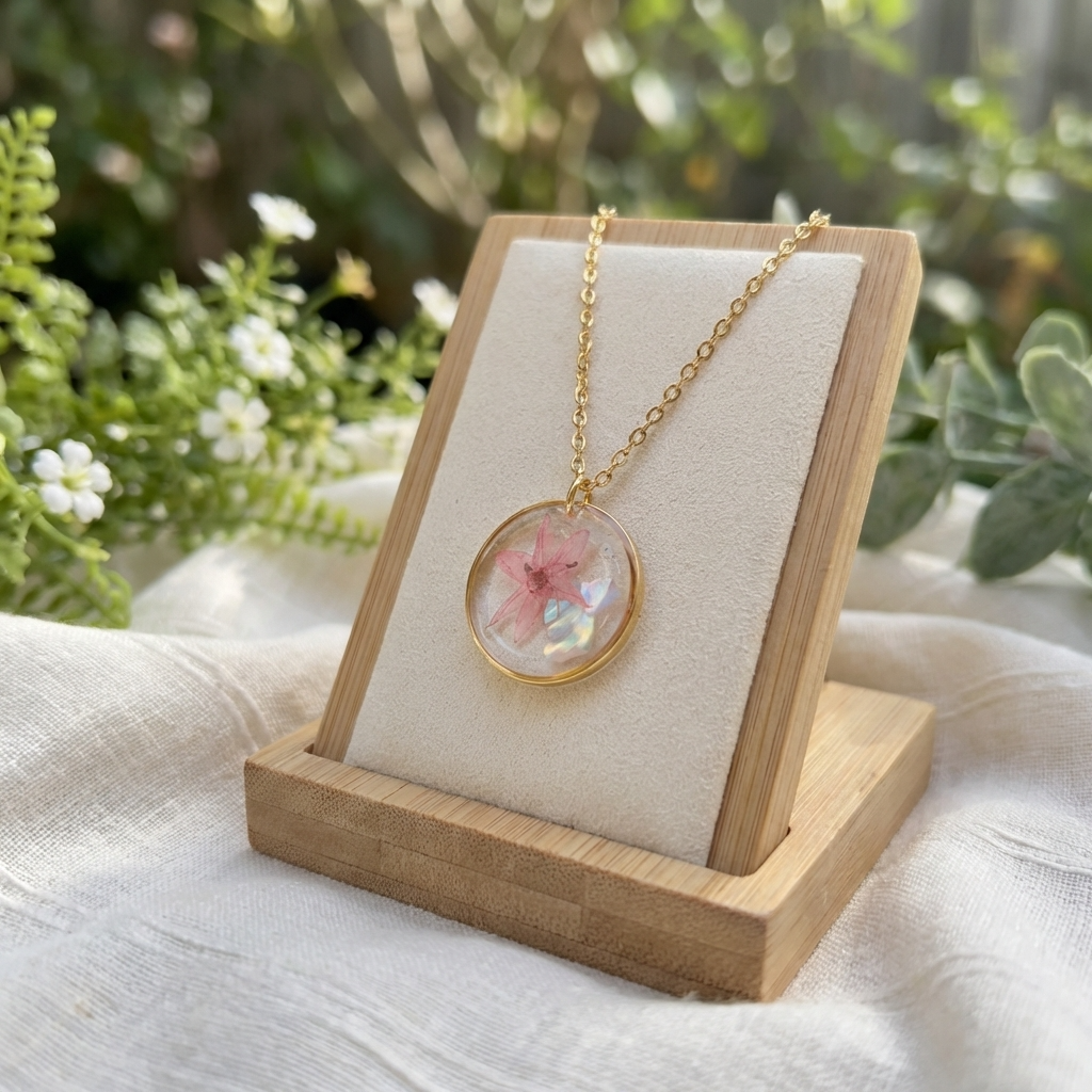 Gold plated pink chive blossom necklace shown on a jewellery holder, crafted with real flowers, resin and delicate seashell flakes