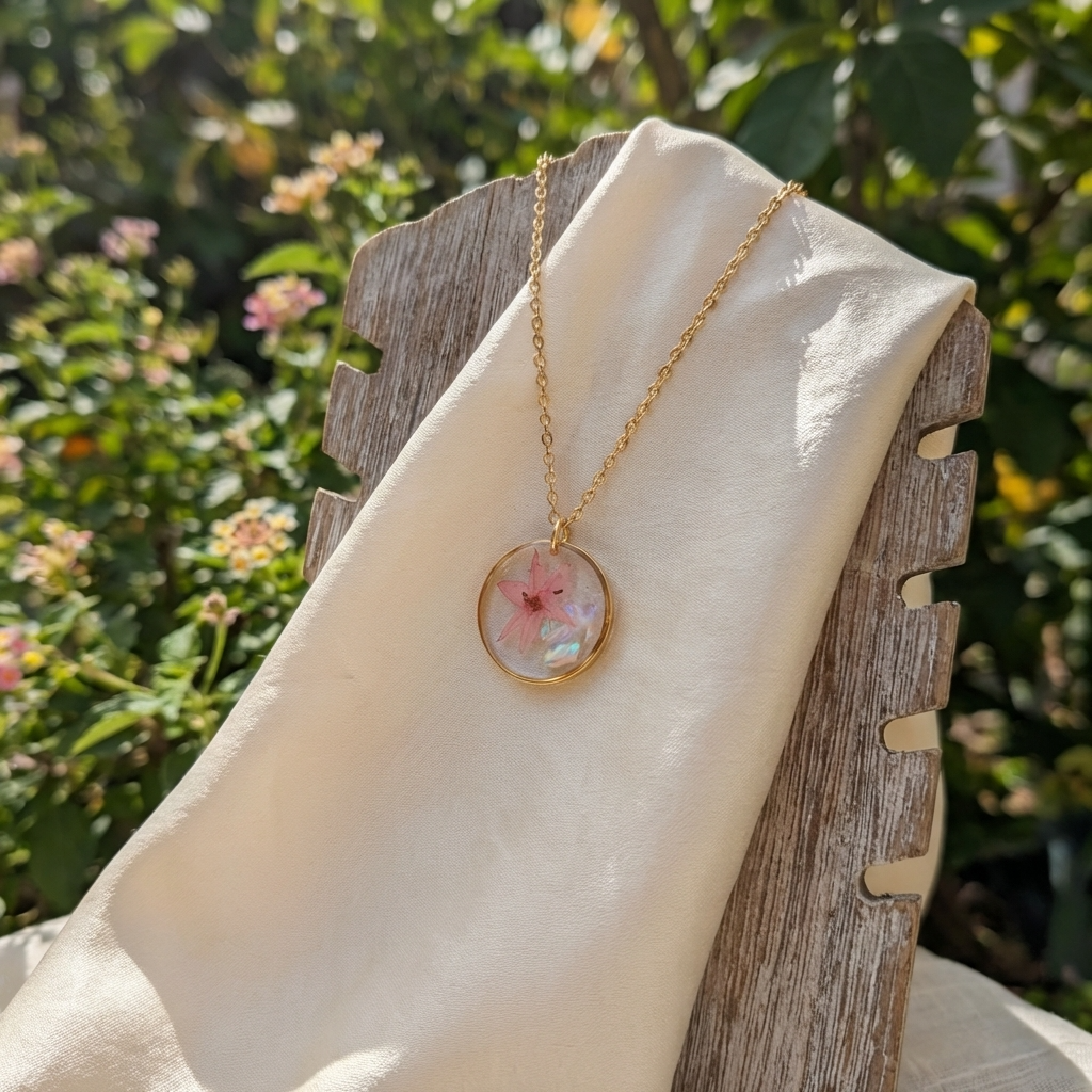 Pink chive blossom 20mm flat necklace with seashell flakes on jewelry display stand, handmade real flower jewelry by Work by Nature