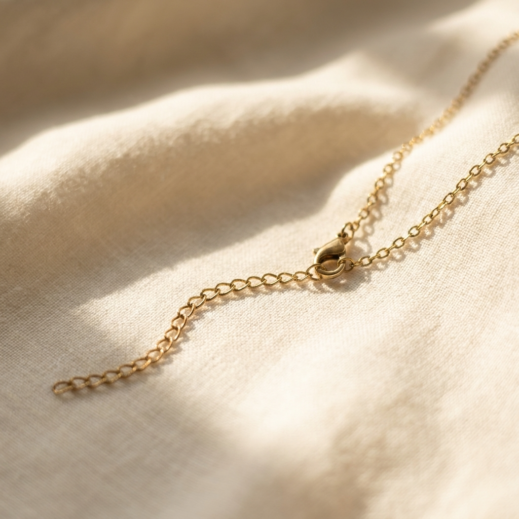 Close-up of the 5cm extension chain on a gold plated pink chive blossom necklace, showing the necklace fastening and adjustable length detail