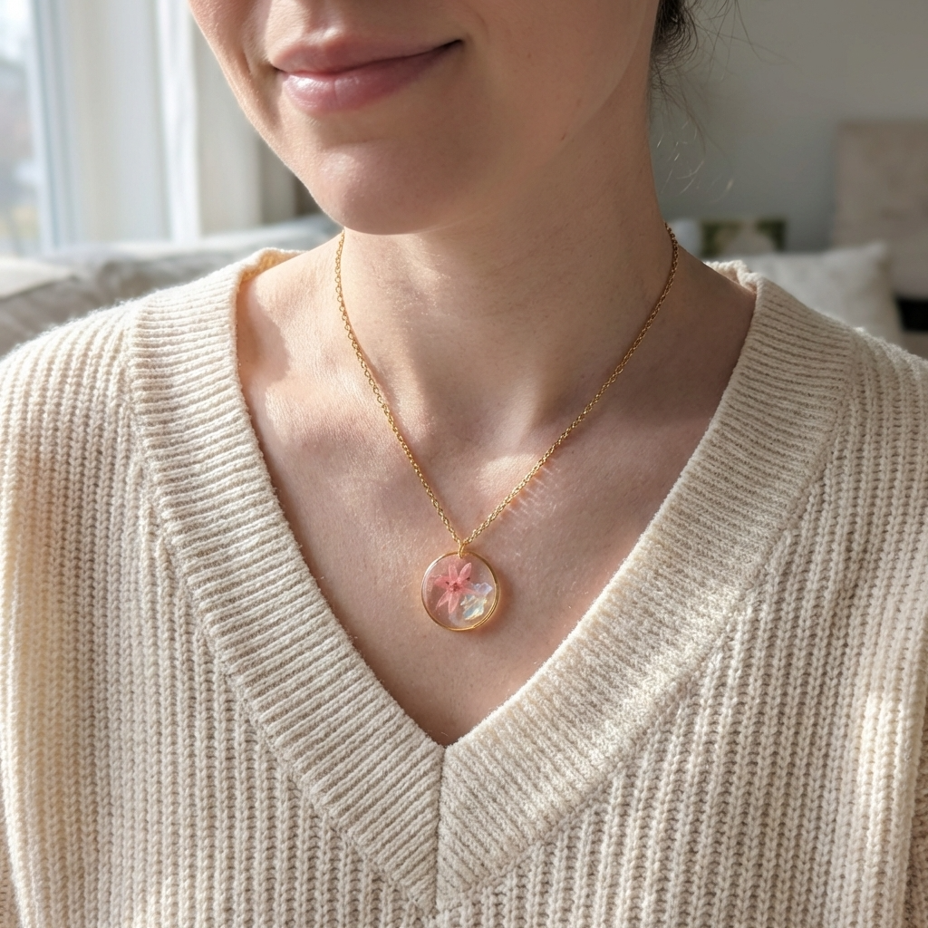 Model with fair skin wearing a pink chive blossom 20mm flat necklace, delicate gold plated real flower jewellery for everyday wear