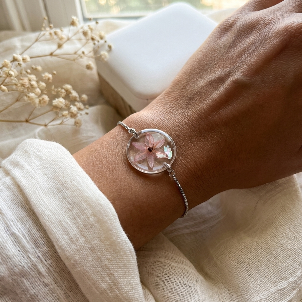 Dark skin tone model wearing a pink chive blossom bracelet, showing a soft contrast with delicate platinum plated jewellery
