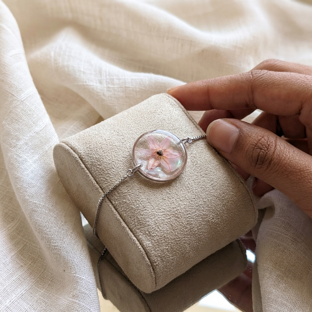 Pink chive blossom 20mm flat bracelet with seashell flakes on jewelry display stand, handmade real flower jewelry by Work by Nature
