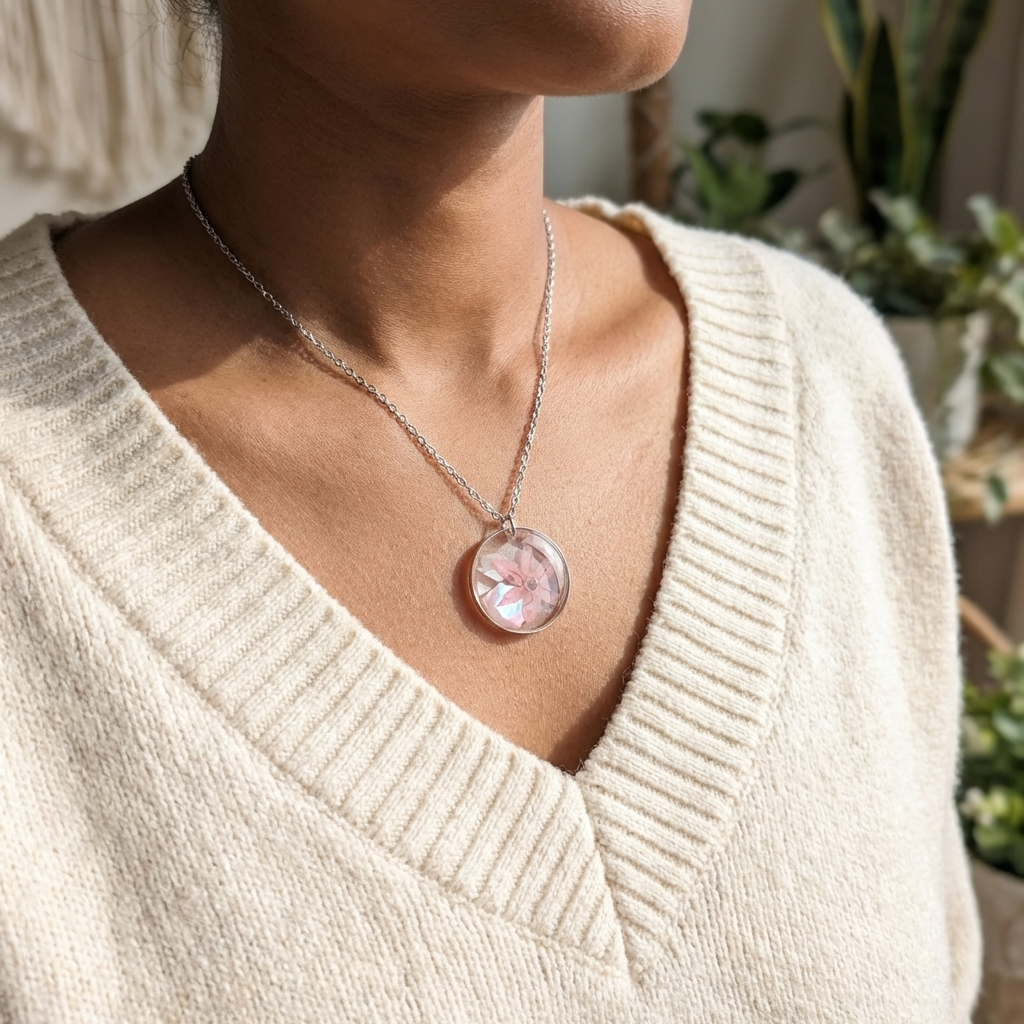 Dark skin tone model wearing a pink chive blossom necklace, showing a soft contrast with delicate Stainless Steel jewellery