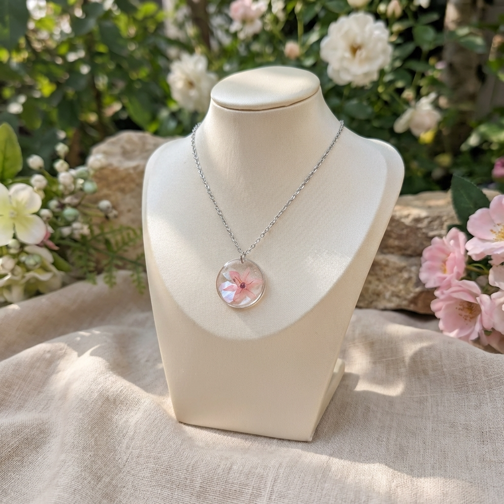 Handmade flower jewellery necklace with pink chive blossom and subtle seashell flakes on a product showcase display