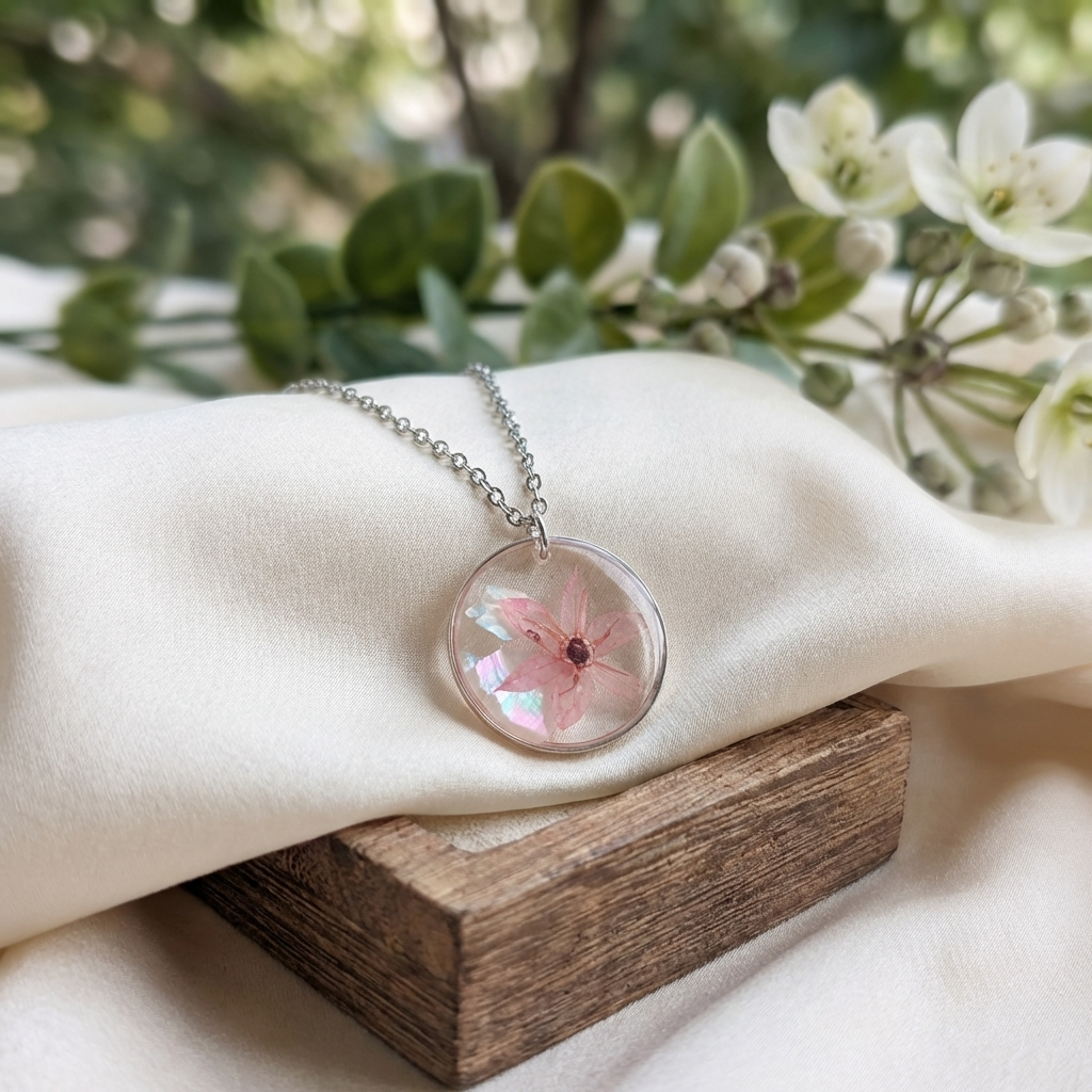 Pink chive blossom 20mm flat necklace with seashell flakes on jewelry display stand, handmade real flower jewelry by Work by Nature