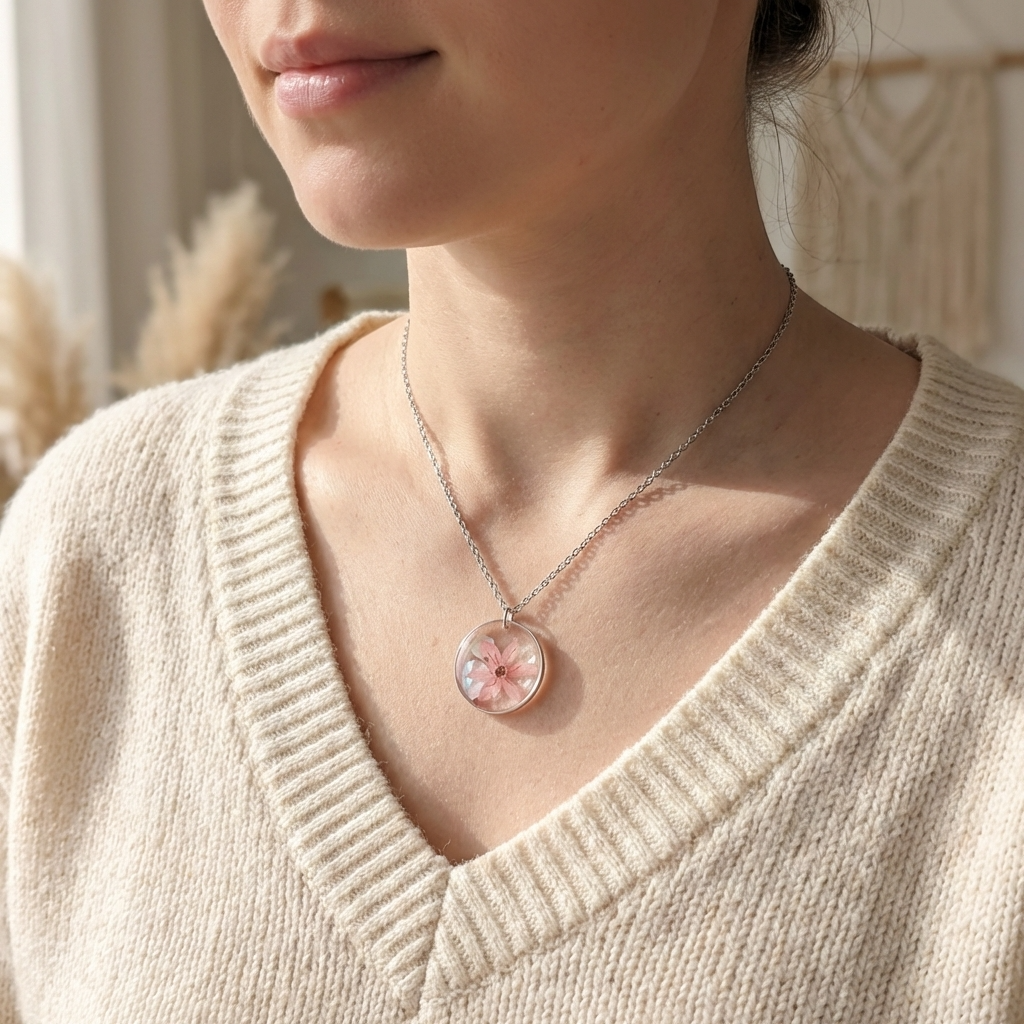 Model with fair skin wearing a pink chive blossom 20mm flat necklace, delicate Stainless Steel real flower jewellery for everyday wear