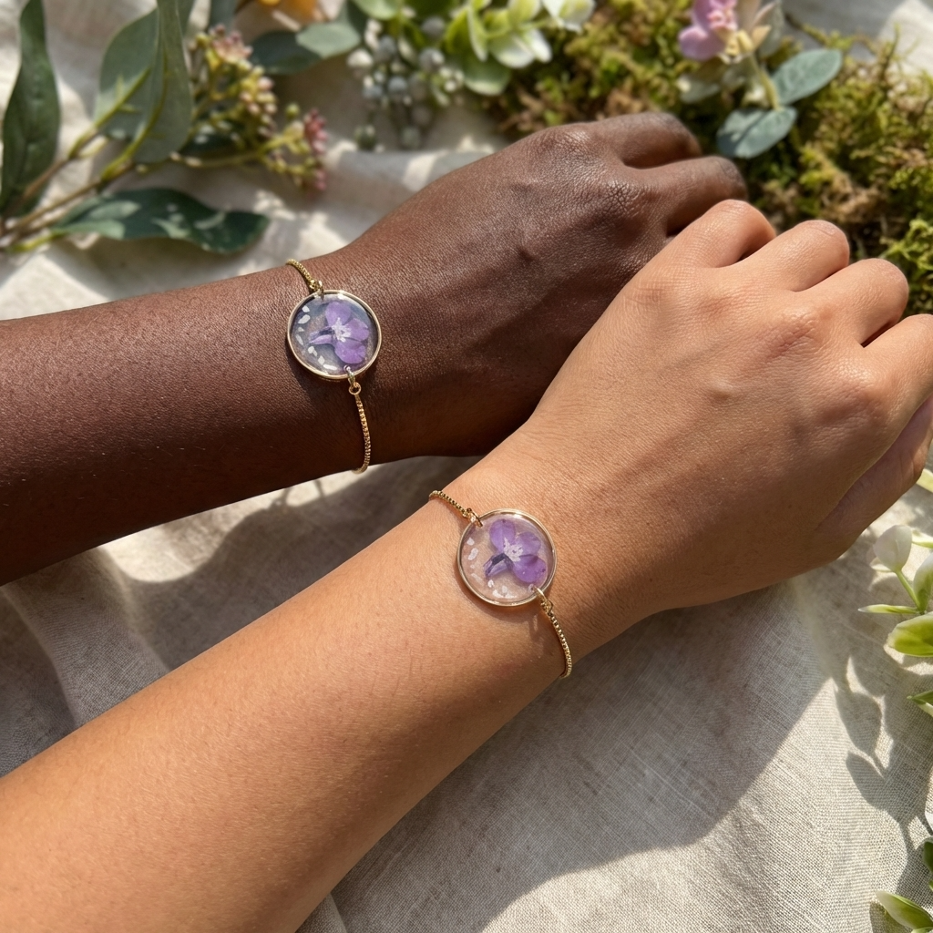 Dark skin tone model wearing a purple lobelia bracelet, showing a vivid contrast with delicate gold plated jewellery