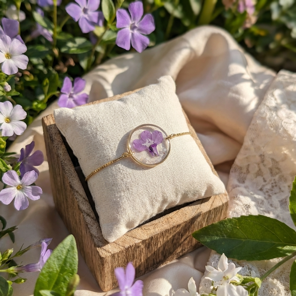 Gold plated purple lobelia bracelet shown on a jewellery holder, crafted with garden grown flowers, resin and seashell flakes