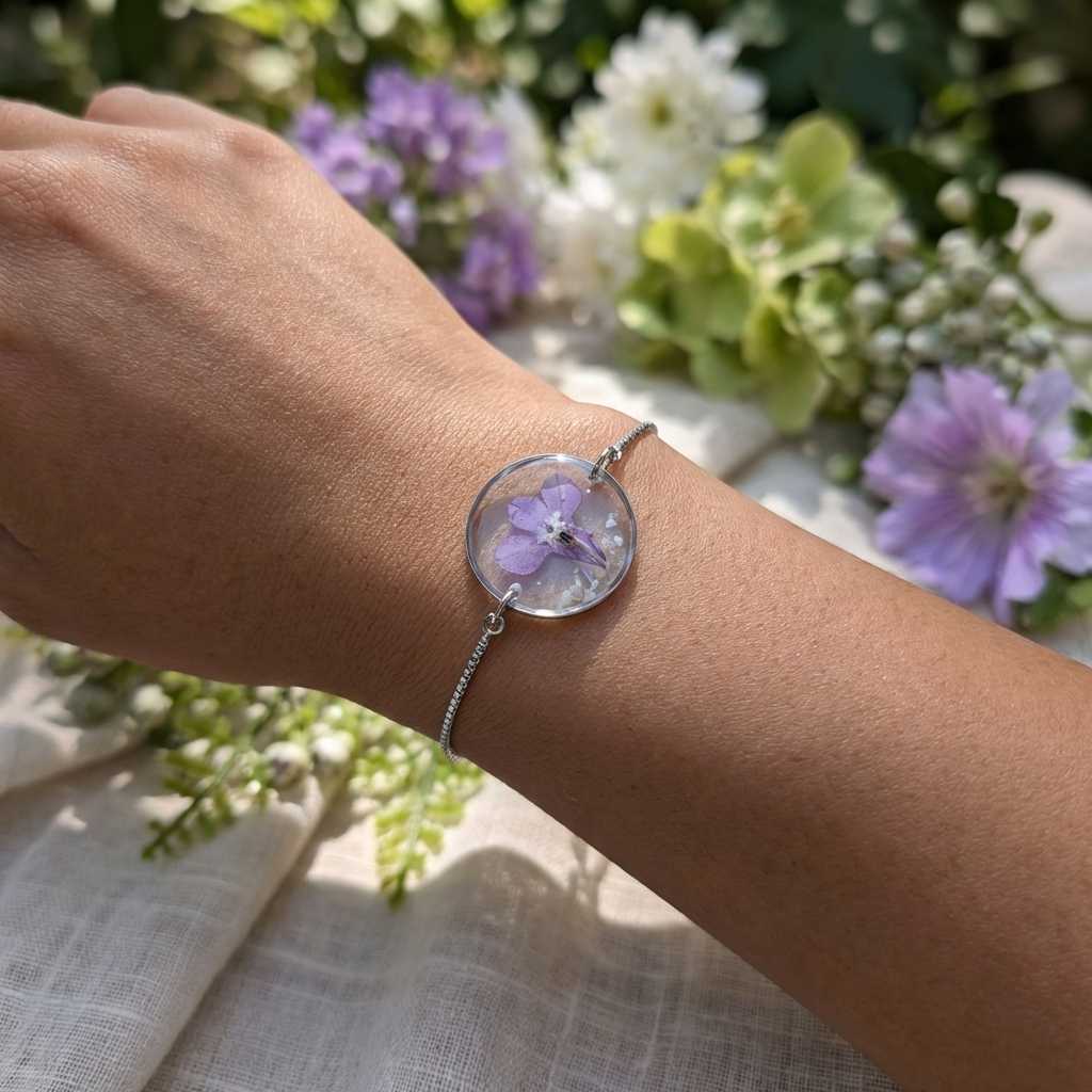 Dark skin tone model wearing a purple lobelia bracelet, showing a vivid contrast with delicate platinum plated jewellery