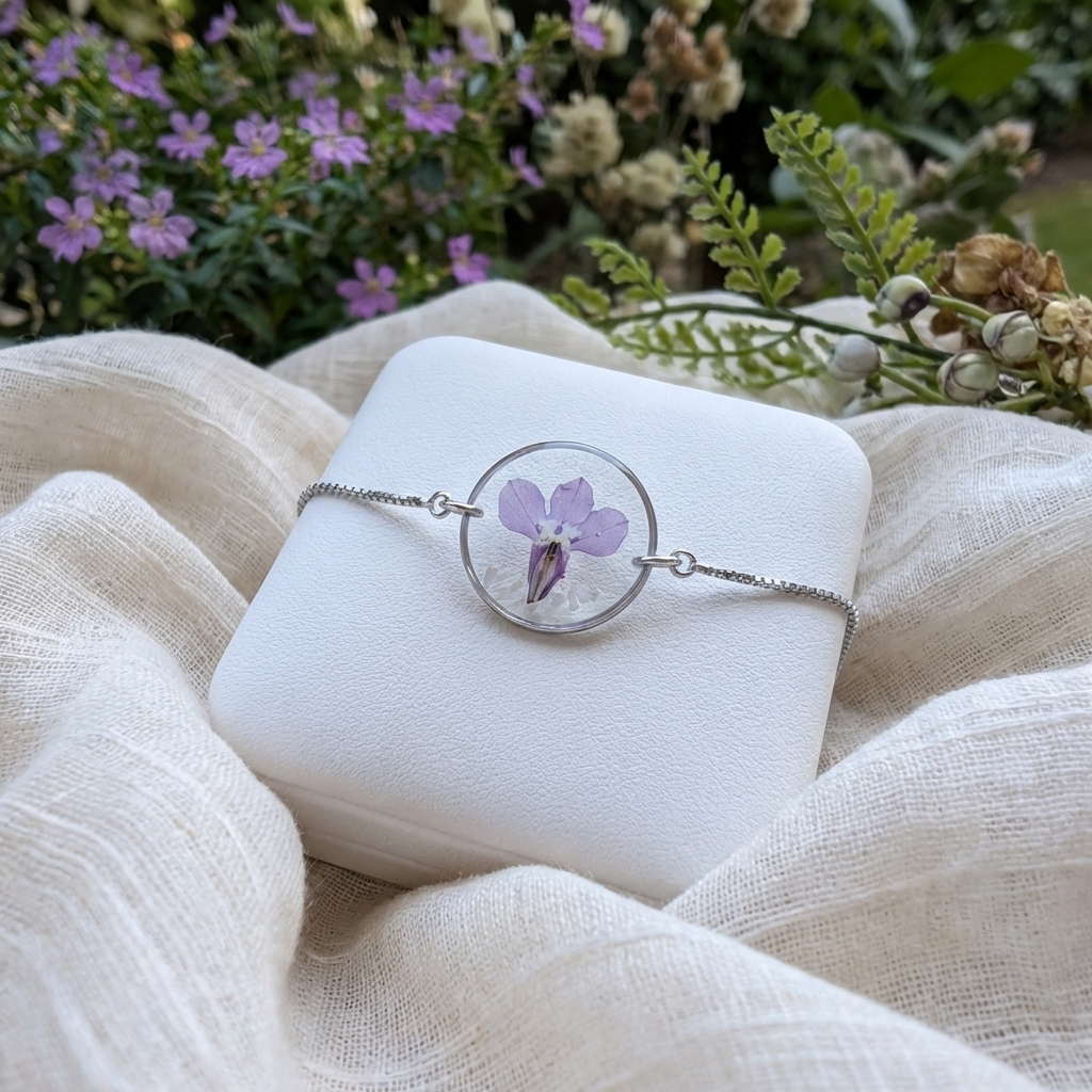 Purple lobelia 20mm flat bracelet with seashell flakes on jewellery display stand, handmade real flower jewellery by Work by Nature
