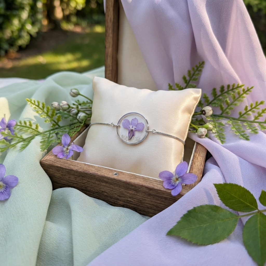 Platinum plated purple lobelia bracelet shown on a jewellery holder, crafted with garden grown flowers, resin and seashell flakes