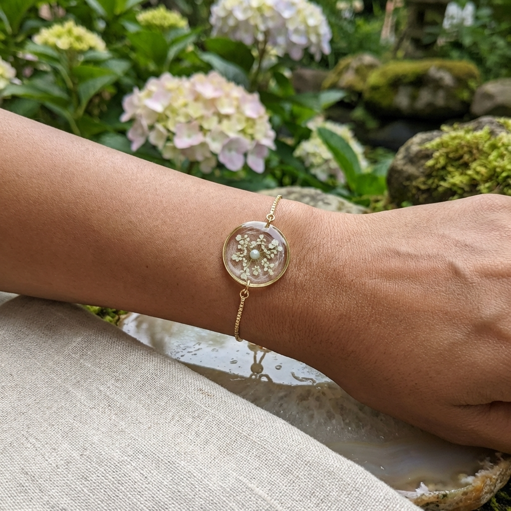 Deep skin tone model wearing handmade flower jewelry bracelet, showing contrast with Queen Anne’s Lace blooms and gold chain