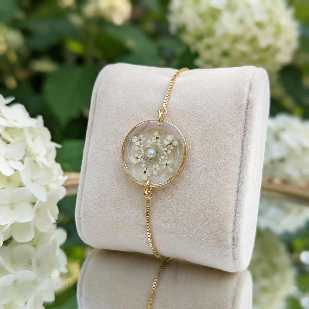 Queen Anne’s Lace 20mm flat bracelet on jewellery display stand, handmade real flower jewellery by Work by Nature