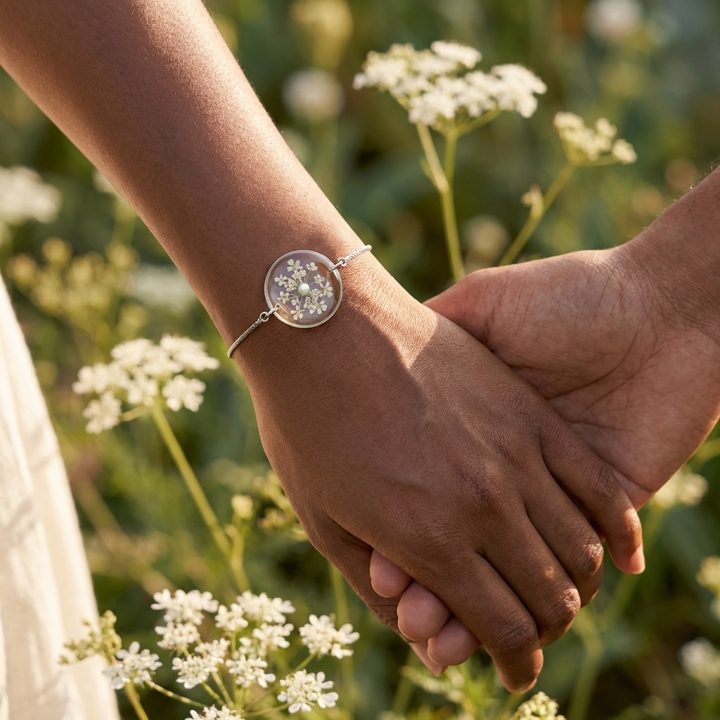 Dark skin tone model wearing a Queen Anne’s Lace bracelet, showing a soft contrast with delicate platinum plated jewellery