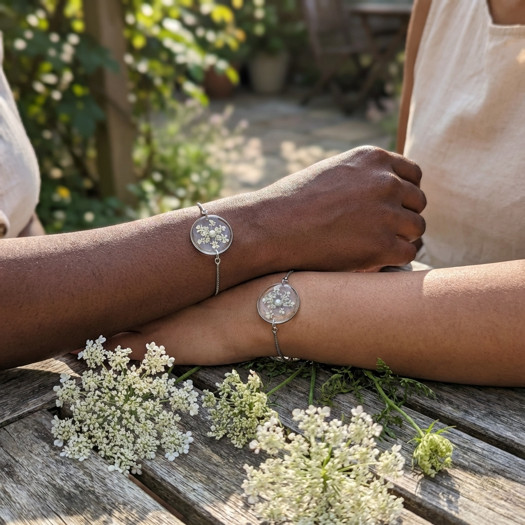 Deep skin tone model wearing handmade flower jewelry bracelet, showing contrast with Queen Anne’s Lace blooms and platinum chain