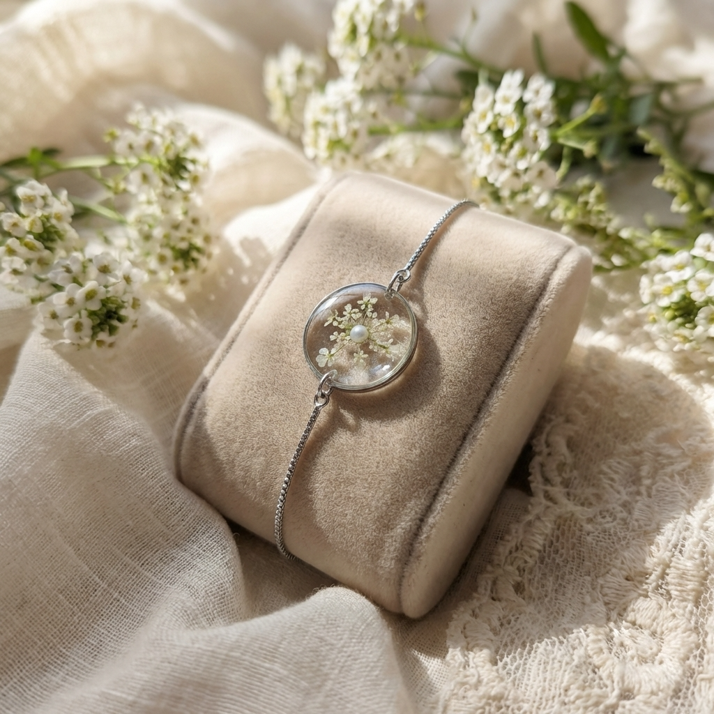 Platinum plated Queen Anne’s Lace bracelet shown on a jewellery holder, crafted with real wildflowers preserved in resin