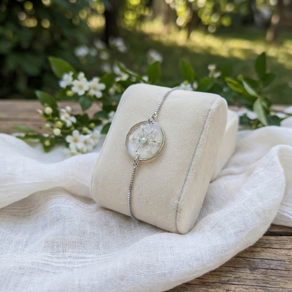 Handmade flower jewellery bracelet with delicate Queen Anne’s Lace blooms on a product showcase display