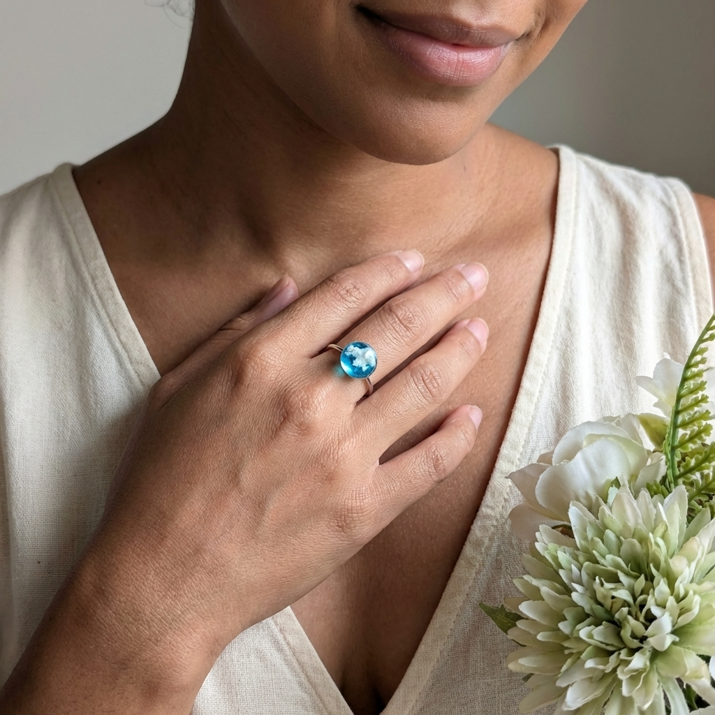 Light Blue Sky Platinum Plated Adjustable Ring | Cloud Jewellery