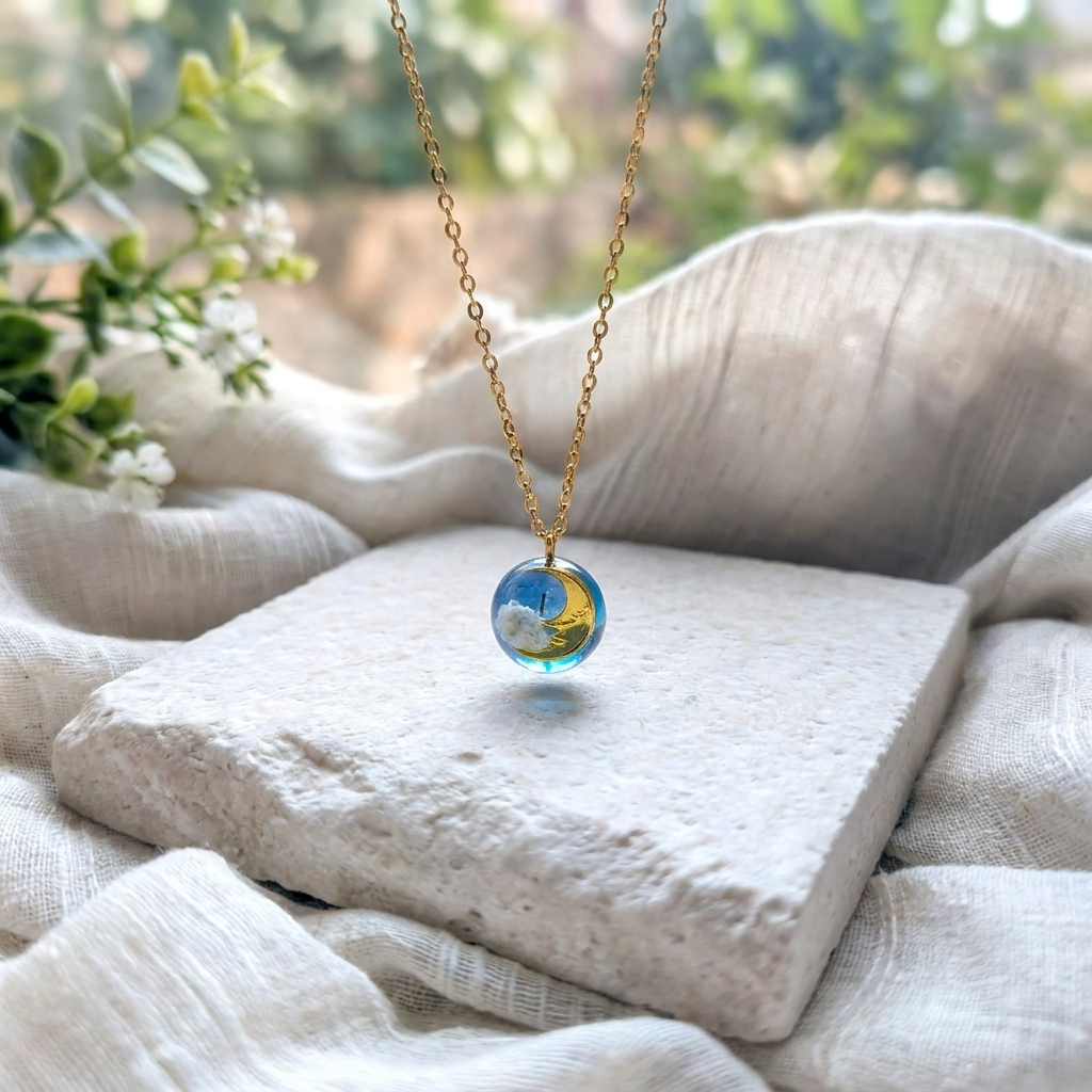 Moon & Twilight Sky Gold Plated Stainless Steel Necklace | Dreamy Cloud Jewellery
