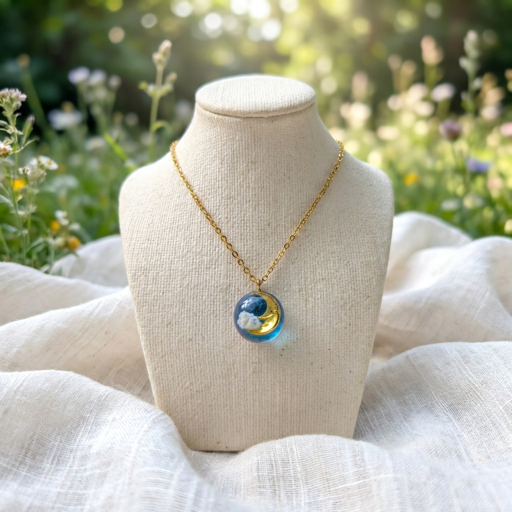 Moon & Twilight Sky Gold Plated Stainless Steel Necklace | Dreamy Cloud Jewellery