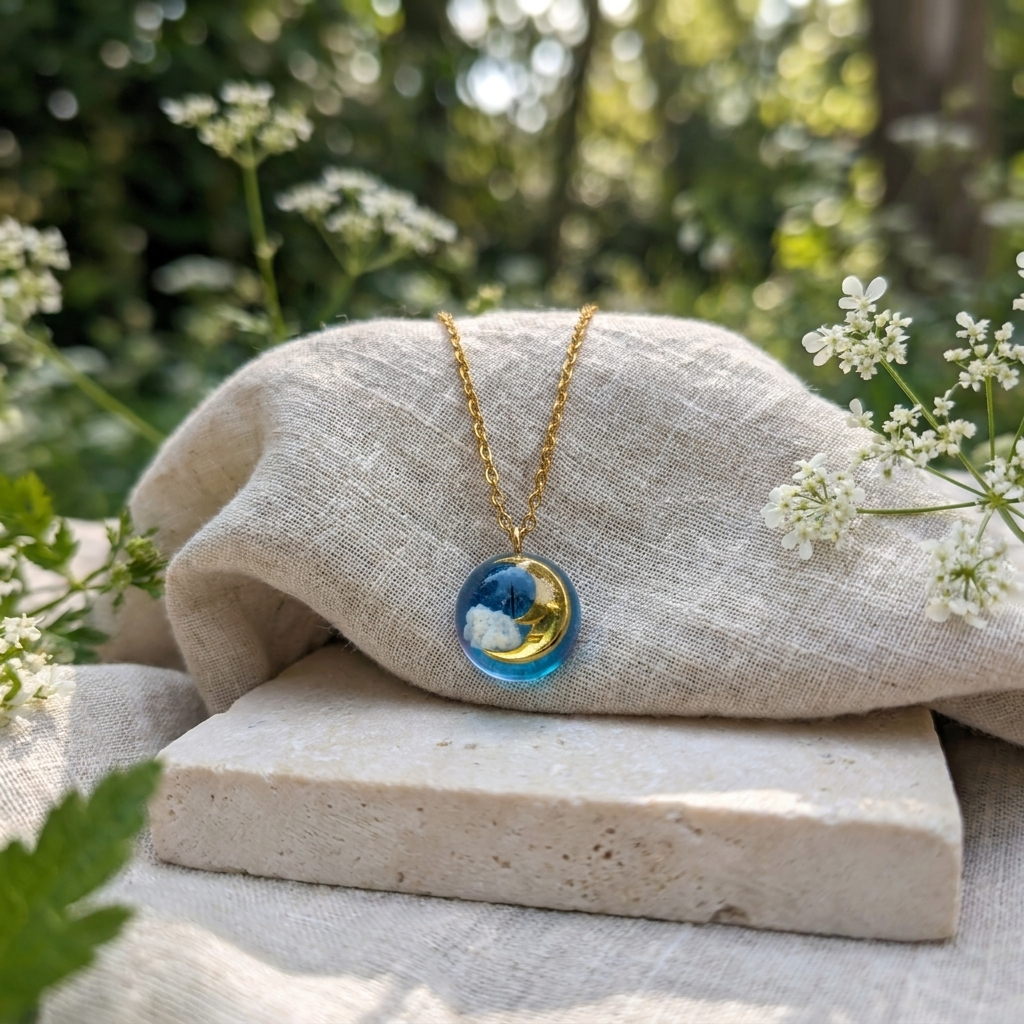 Moon & Twilight Sky Gold Plated Stainless Steel Necklace | Dreamy Cloud Jewellery
